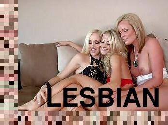 Three blonde lesbians share some dildos