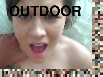 Sweet Hayley Hanes Sucks Guy's Dick Outdoors In A POV Clip