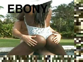 Ebony skank Barbie Banxxx enjoys doggy style sex on the poolside