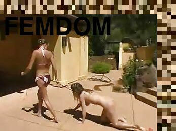 Two beautiful slim girls have BDSM fun in the yard