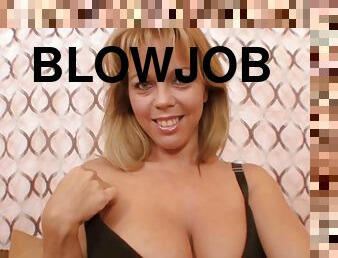 Blowjob and Titjob by MILF Amber Lynn Bach Ends with Cum on Her Boobs