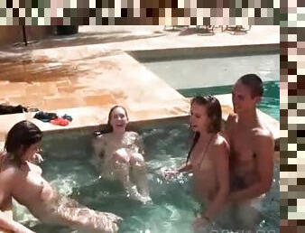 Naked teen babes cunt licked in foursome outdoor