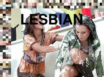 Wet and messy lesbians fighting in the kitchen