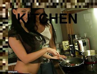 Brunette hottie Aletta Ocean cooks breakfast in the kitchen