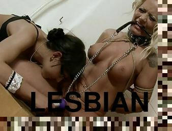 Sarah Simon gets tied up in the bathroom for a fetish lesbian action