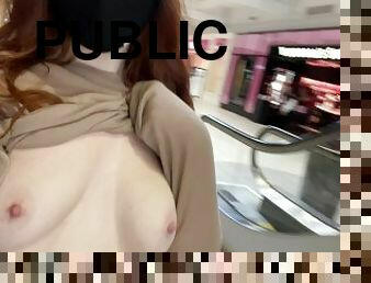 BRALESS REDHEAD FLASHES PALE TITS IN PUBLIC MALL