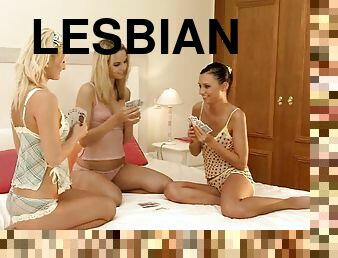 Three hot girls have lesbian sex after playing cards