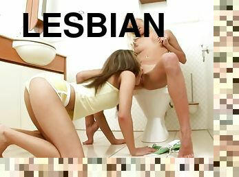 Two lovely girls having lesbian sex in the bathroom