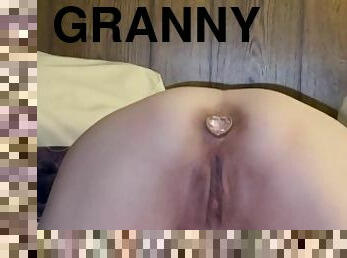 Granny riding him anal and begs for him to fill her and he leaves her with a big anal creampie