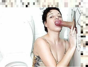 Hot Brunette MILF Gets Fucked and Covered In Cum Through a Glory Hole