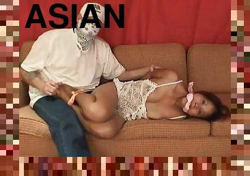 Asian hottie in white lingerie tied up and groped up