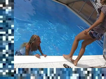 Two hot girls go skinny dipping in the pool and eat some pussy