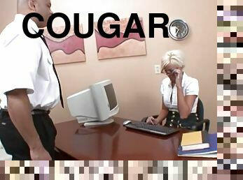 Adorable blonde cougar getting banged hardcore ontop of office desk
