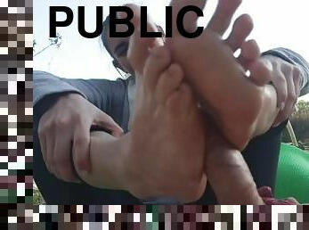 Footjob training on public coast! Hard workout teen