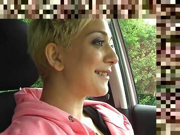 Horny blonde chick Mai Bailey spreads her legs to masturbate in the car