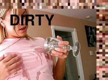 Solo video of dirty Sarah Vickers pissing in a cup and masturbating