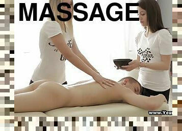 Girls give up on giving him a massage and simply seduce him