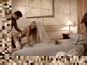 Beautiful bridal gown on a busty babe fucking in a hotel room