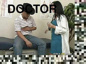 Sexy doctor Melissa Lauren cures her patient KJ and rides his dick