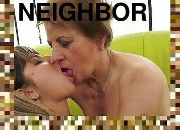 Old lady enjoys the twirling tongue of her hot neighbor