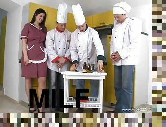 MILF Gangbanged and Creampied by Three Chefs