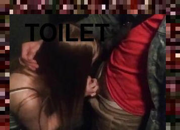 Petite girl sucks dick in the toilet of a cafe (risky blowjob)