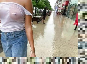 Girls top gets wet in rain exposing tits in public