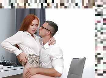 Redhead babe fucks like a pro even after the guy comes on her ass