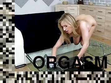 Blonde Plays With Her Piss On Glass Table