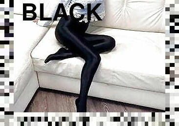 Black super shiny spandex pantyhose try on
