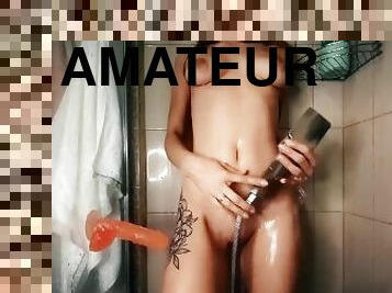 Standing dildo fuck in shower