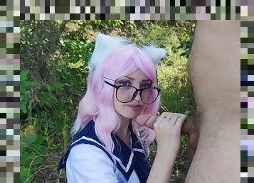 cute sexy schoolgirl in a skirt on a walk wanted to give a blowjob and get cum on face and glasses