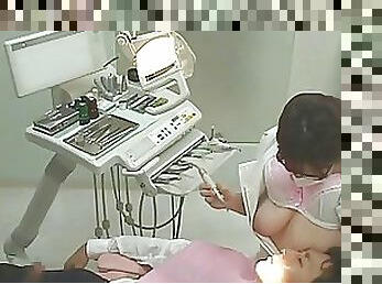 Vicious Japanese Dentist Jerks Off Her Clients While They Suck Her Big Jugs