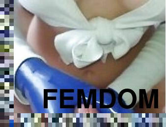 Femdom ruined handjob in blue latex gloves using nuru gel