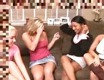 Four Lesbians Babes Removing Their Miniskirts and Thongs Before They Start Fingering Their Pussies