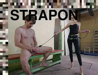 Dirty male slave gets his ass pegged by naughty Freya Dee with a strapon