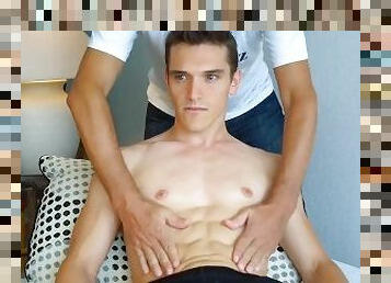 Beautiful young seaguard gets wanked his big dick by 2 guys despite of him: Christophe