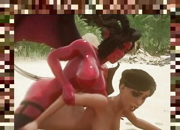 Futa Demons fuck lesbian girl HARD on the beach