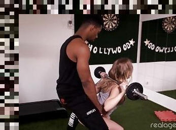 muscular fitness trainer fucks petite sweet babe with his huge black cock