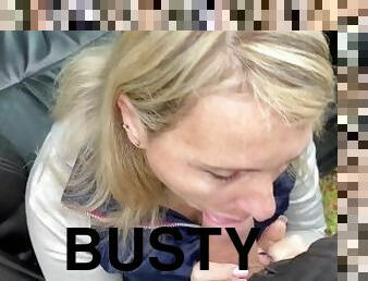 Busty blonde wife sucks then fucks her husband outdoors