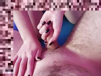 a girl with a beautiful manicure jerked off a neighbor's dick