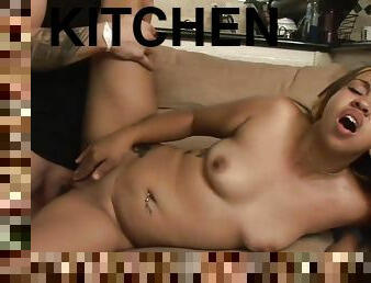 Interracial Kitchen Fuck For Young Ebony Chicks With Shaved Cunt