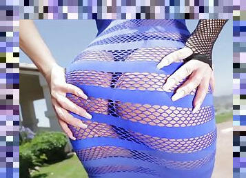 Russian milf rita rush poses in fishnet see-through dress