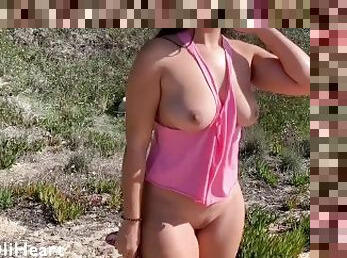 tetas-grandes, pezones, público, esposa, cámara, playa, voyeur, culo-sexy, exhibicionista, morena