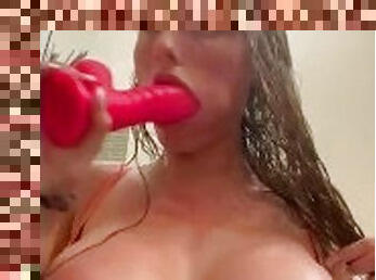 Fucks huge dildo I’ll I squirt in my neighbors bathroom