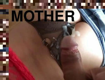Mother flashes and masturbates while stepson jerks off and cums on her big ass