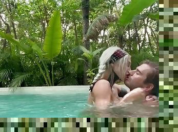 Tropical pool make out and sensual nipple sucking with Nathan Bronson. Real couple. Tulum