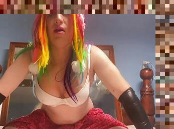 Rainbow sissy slut plays with her tits