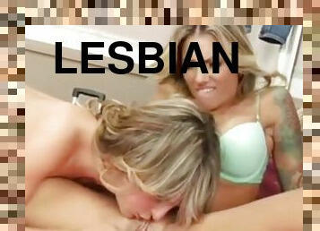 Horny and wild lesbians using their glass toy to cum