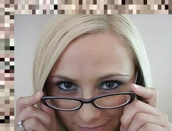 A red hot POV video of a blonde in glasses sucking a cock
